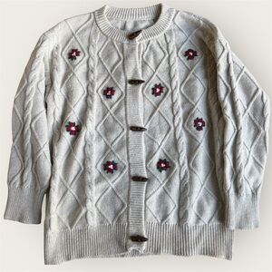 Cozy Floral Embroidered Cable Knit Cardigan Sweater wooden toggles medium (?)
